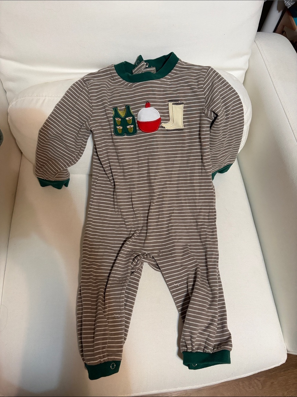 Striped Light Brown and Cream Baby One-Piece with Green Trim